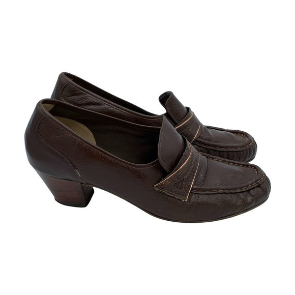 VINTAGE 60s-70s Brown Heeled Loafers with Wood Sole and Heel - Picture 1 of 10